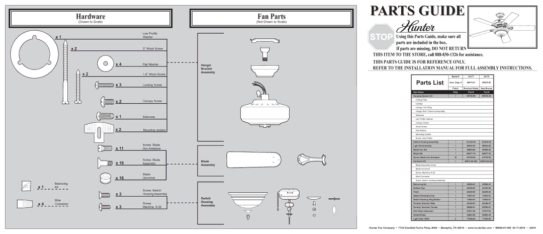 Hunter Fan 20178, 20177 installation manual Hardware, Fan Parts, Parts List, Not Drawn to Scale 