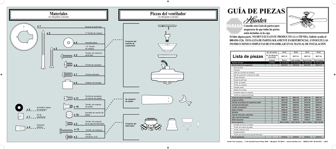Hunter Fan 20182, 20184, 20181, 20183 Piezas del ventilador, Lista de piezas, No dibujados a escala, No dibujadas a escala 
