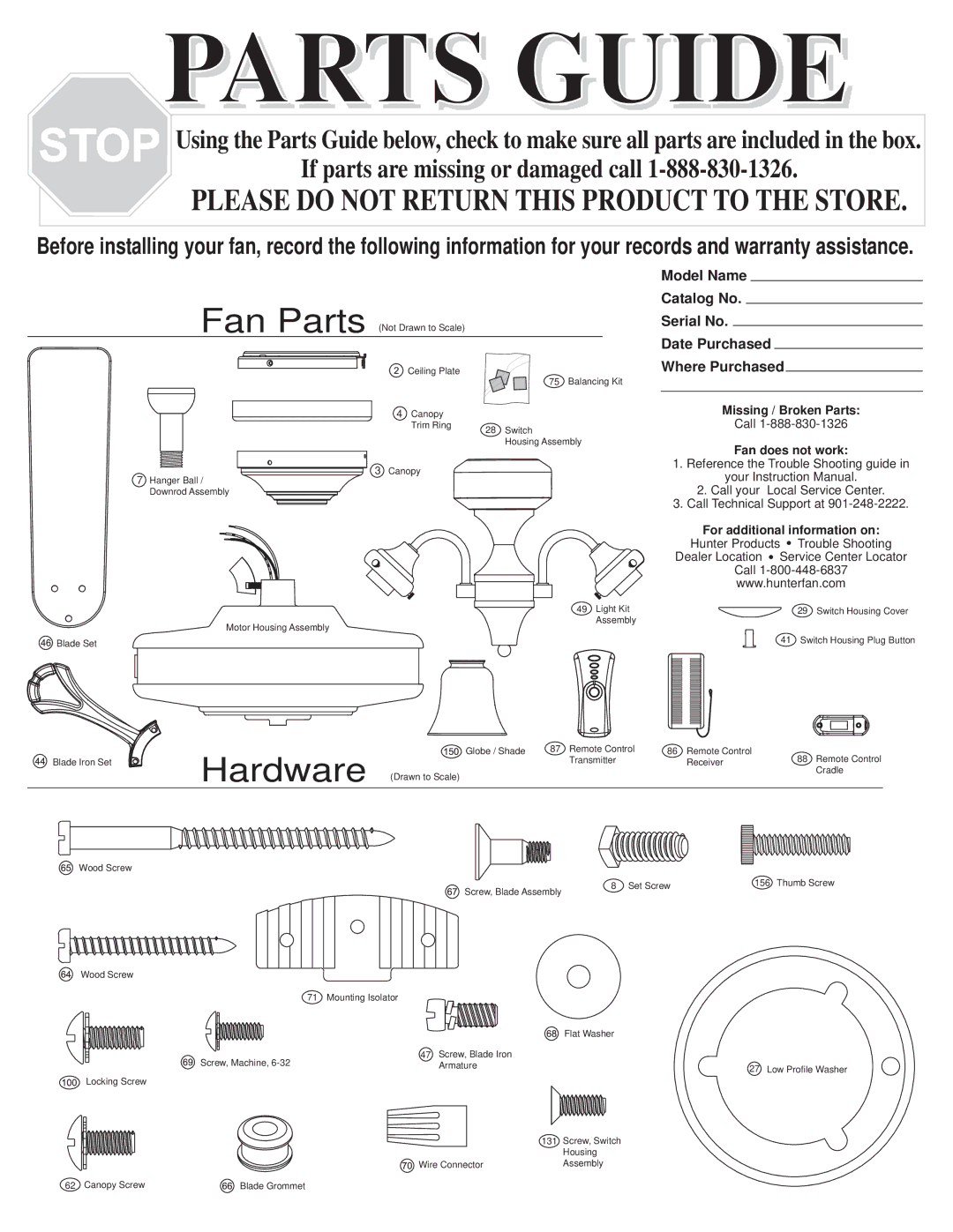 Hunter Fan 20345, 20347, 20349 warranty Parts Guide 