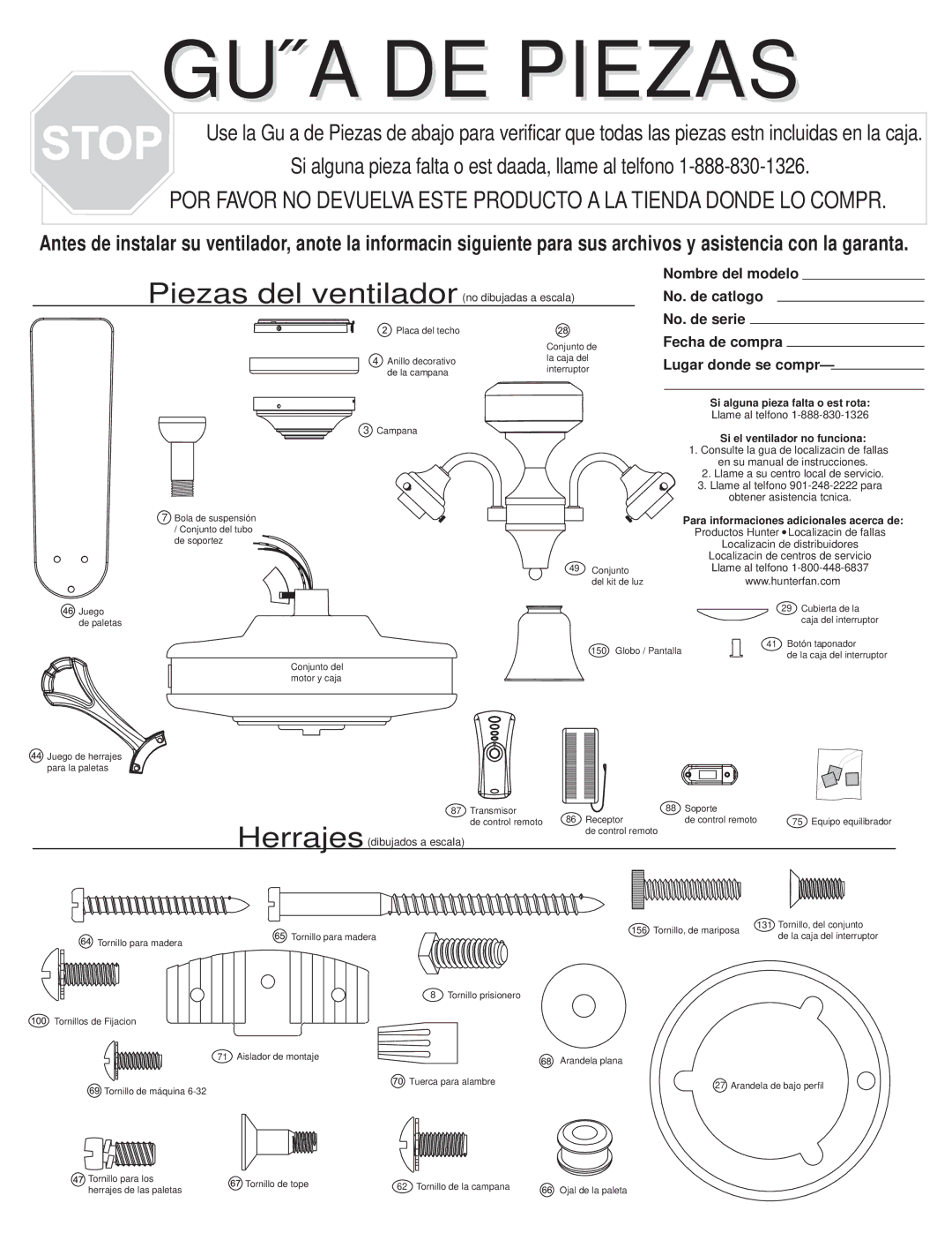 Hunter Fan 20347, 20345, 20349 warranty Guía DE Piezas 