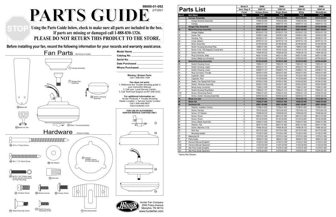 Hunter Fan 20406 warranty White, Canopy Assembly, 93414-00-802 93414-00-801, Hanger Pipe Assembly, Motor/Housing Assembly 