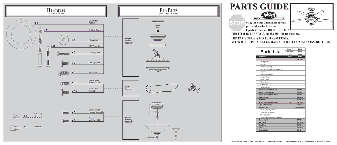 Hunter Fan 20425 installation manual Hardware, Fan Parts, Parts List, Not Drawn to Scale 