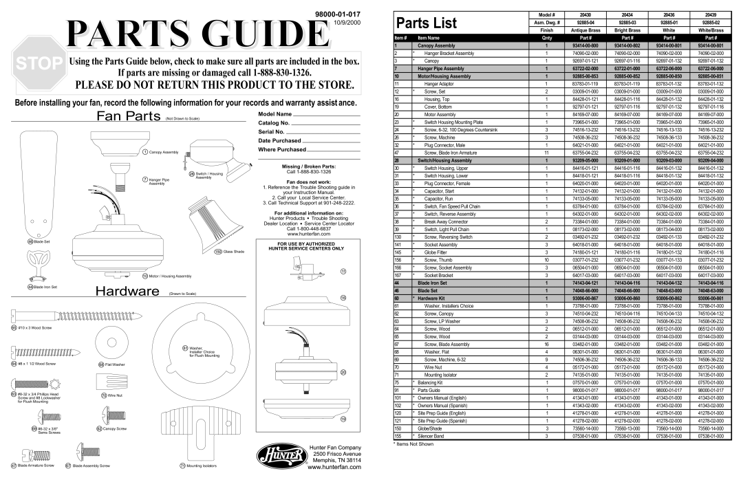 Hunter Fan 20439 warranty Canopy Assembly, 93414-00-802 93414-00-801, Hanger Pipe Assembly, 63722-01-000 63722-06-000 