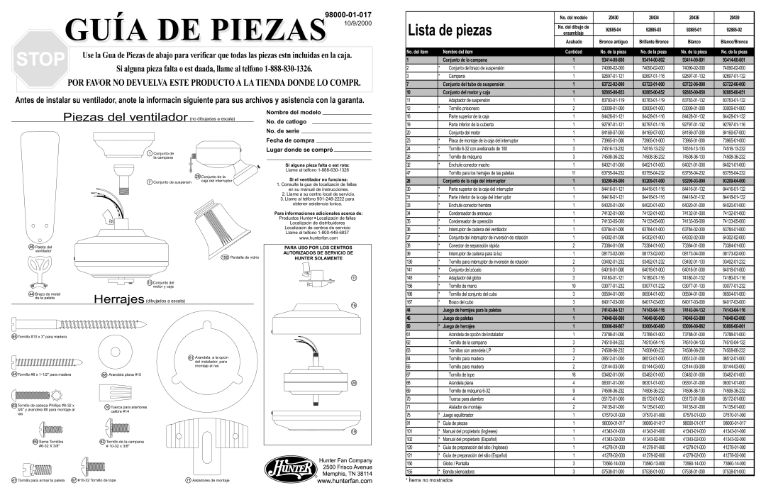 Hunter Fan warranty 20430 20434 20436 20439, Conjunto de la campana, Conjunto del brazo de suspensión, Campana 