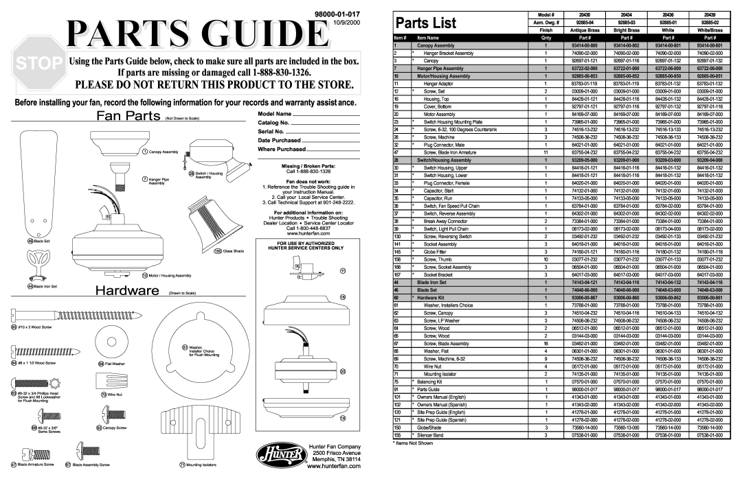 Hunter Fan 20439 warranty Parts List, 98000-01-017, Item #, Item Name, PARTS GUIDE10/9/2000, Hardware, Where Purchased 