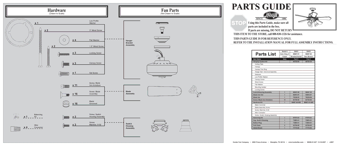 Hunter Fan 20433, 20432 installation manual Hardware, Fan Parts, Parts List, Not Drawn to Scale 