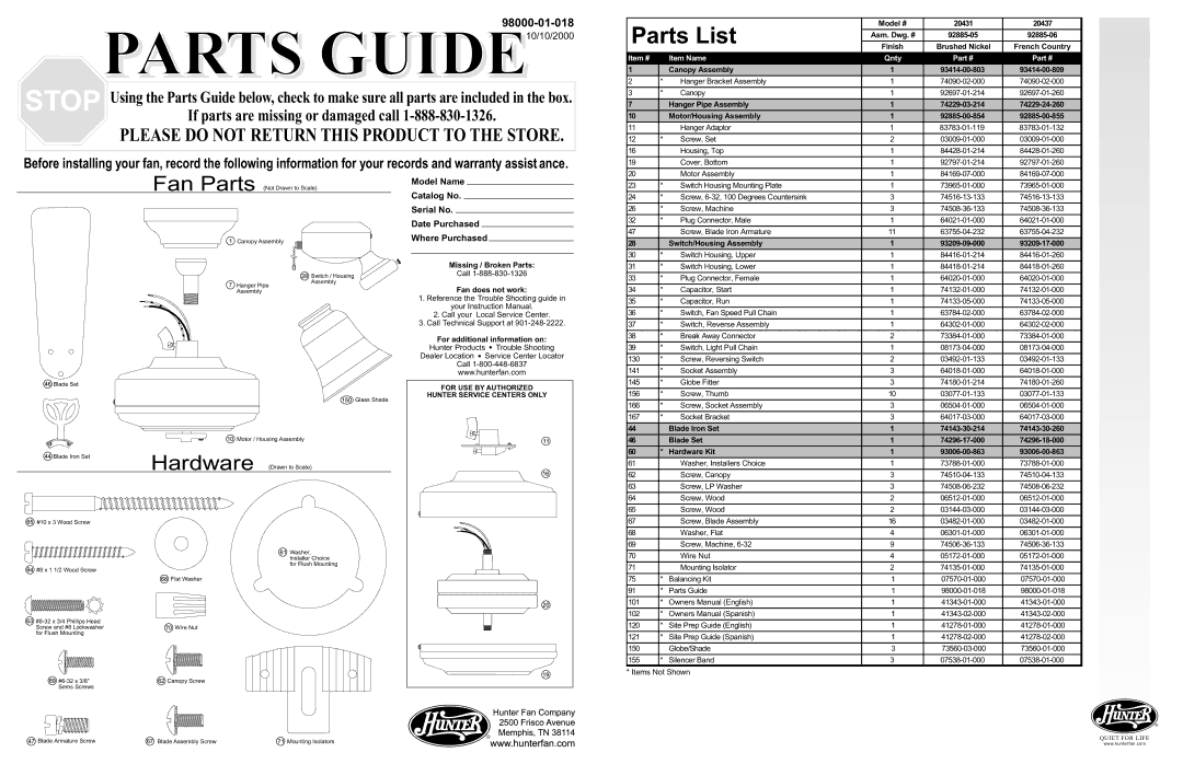 Hunter Fan 20431, 20437 warranty Parts List, Item # Item Name Qnty 