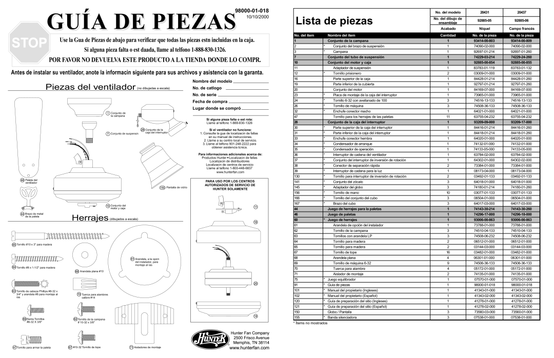 Hunter Fan 20437, 20431 warranty Lista de piezas, No. del ítem Nombre del ítem Cantidad No. de la pieza 