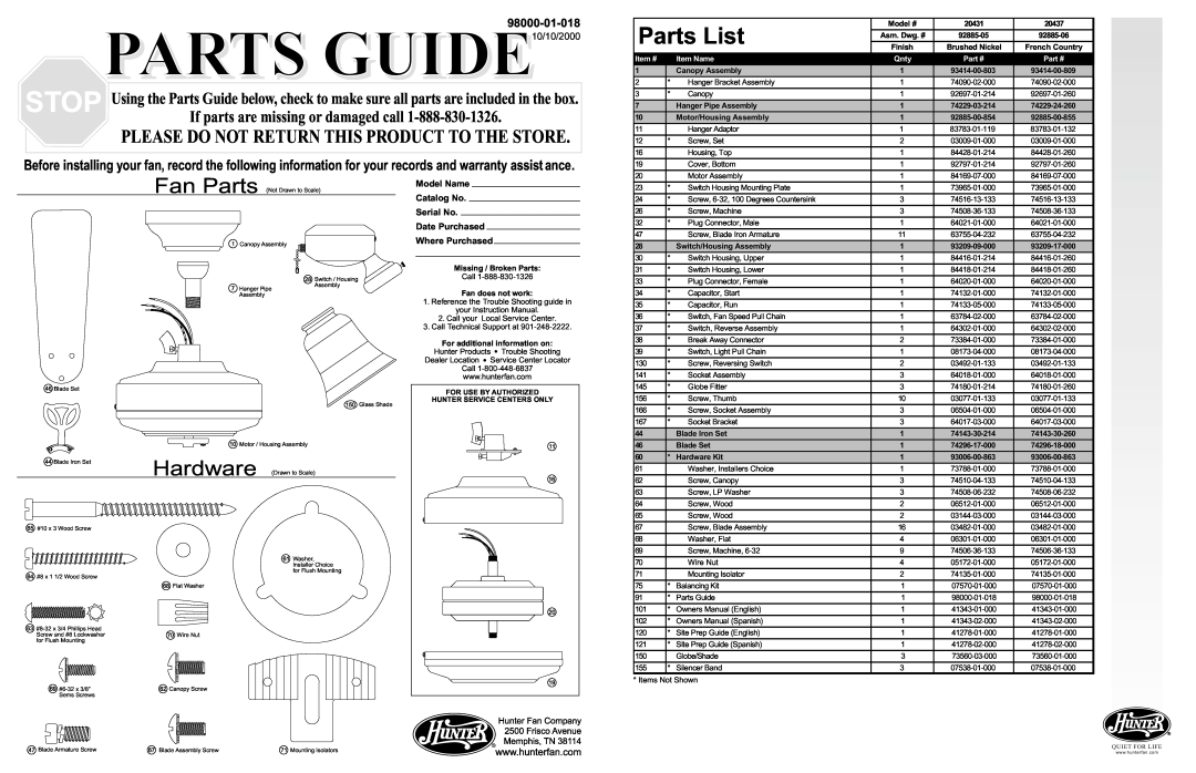 Hunter Fan 20431, 20437 warranty Parts List, 98000-01-018, Item #, Item Name, Qnty, PARTS GUIDE10/10/2000, Hardware 