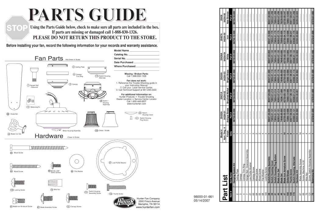 Hunter Fan 20430A, 20438A, 20431A, 20434A, 20436A, 20497A warranty Qnty, Item Name, Item # 