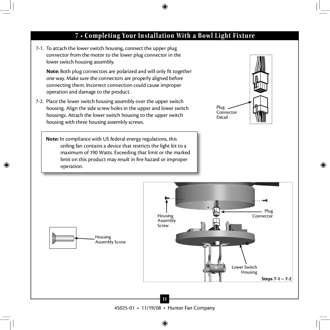 Hunter Fan 20490 installation manual Completing Your Installation With a Bowl Light Fixture 