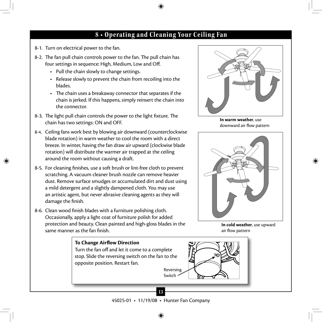 Hunter Fan 20490 installation manual Operating and Cleaning Your Ceiling Fan, To Change Airflow Direction 