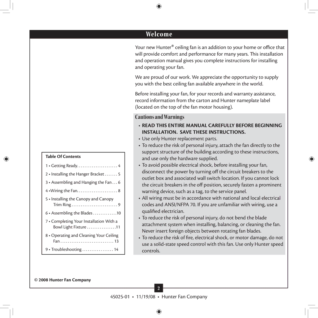 Hunter Fan 20490 installation manual Welcome 