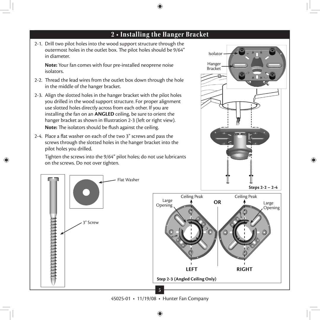 Hunter Fan 20490 installation manual Installing the Hanger Bracket 