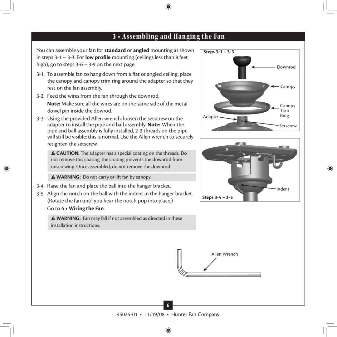 Hunter Fan 20490 installation manual Assembling and Hanging the Fan, Go to 4 Wiring the Fan 