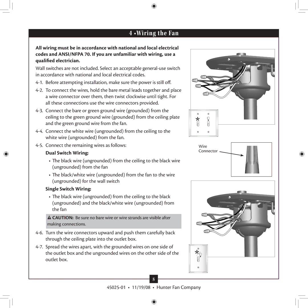 Hunter Fan 20490 installation manual Wiring the Fan, Dual Switch Wiring, Single Switch Wiring 