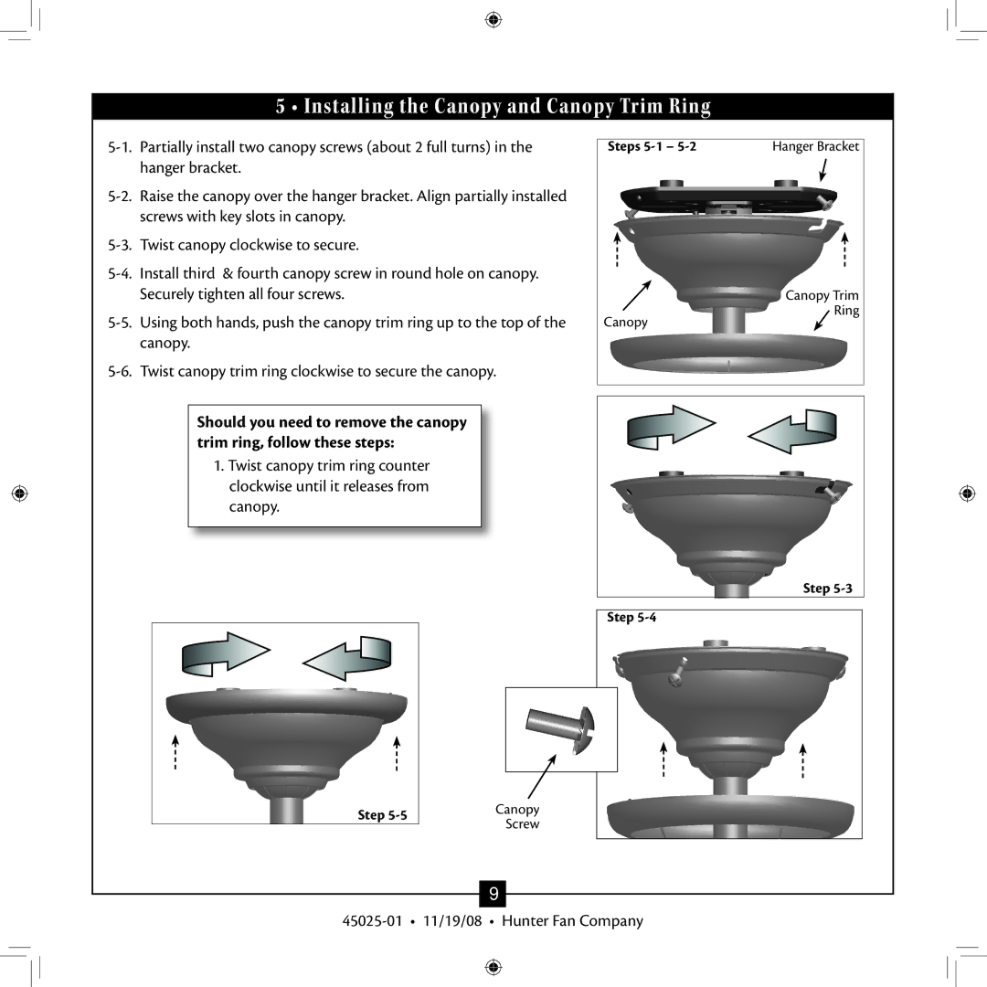 Hunter Fan 20490 installation manual Installing the Canopy and Canopy Trim Ring 