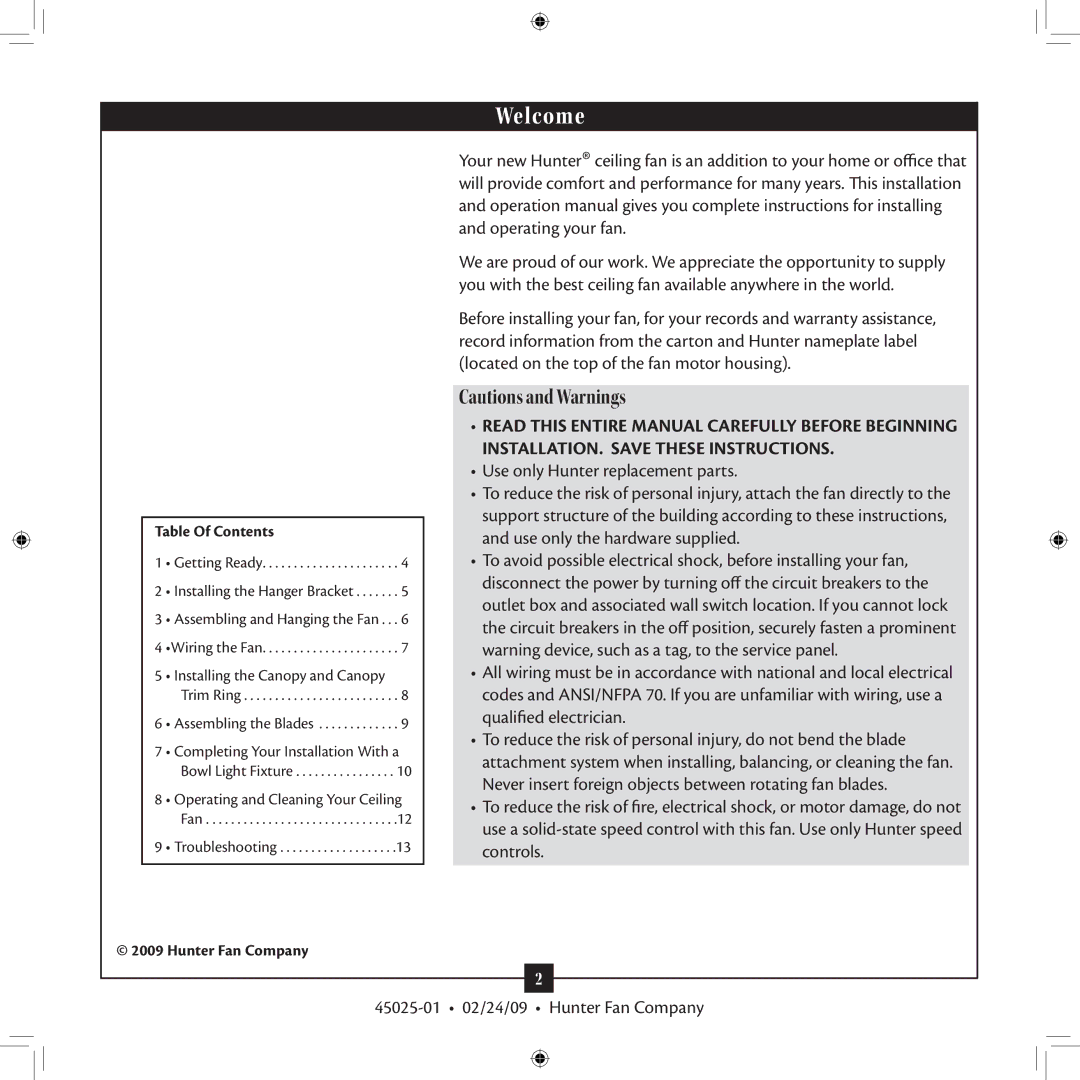 Hunter Fan 20490 installation manual Welcome 