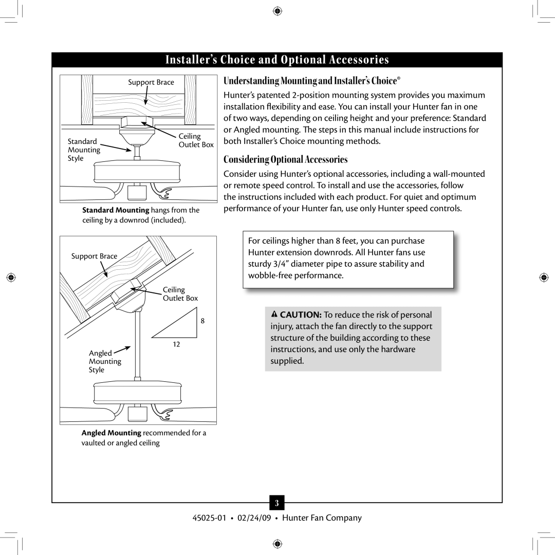 Hunter Fan 20490 installation manual Installer’s Choice and Optional Accessories 