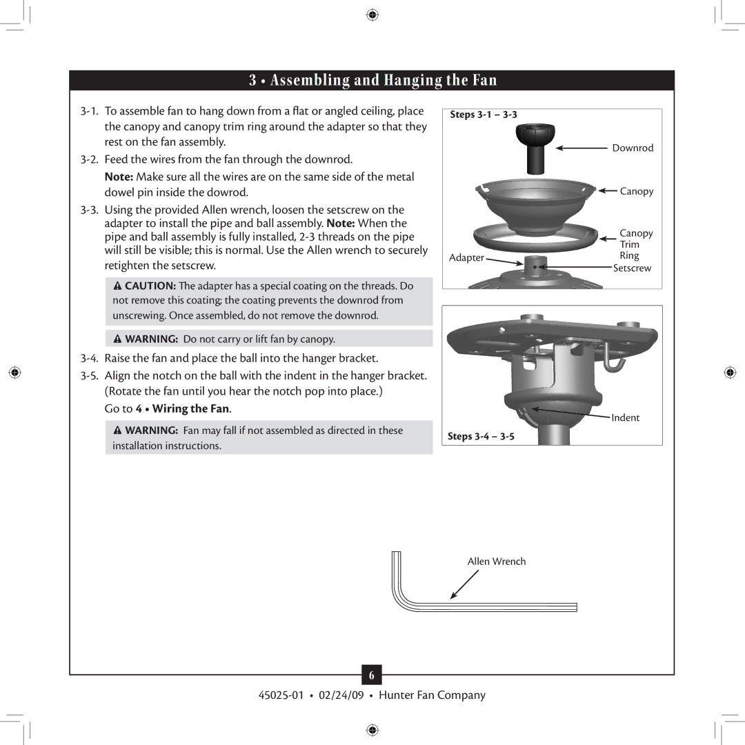 Hunter Fan 20490 installation manual Assembling and Hanging the Fan, Go to 4 Wiring the Fan 