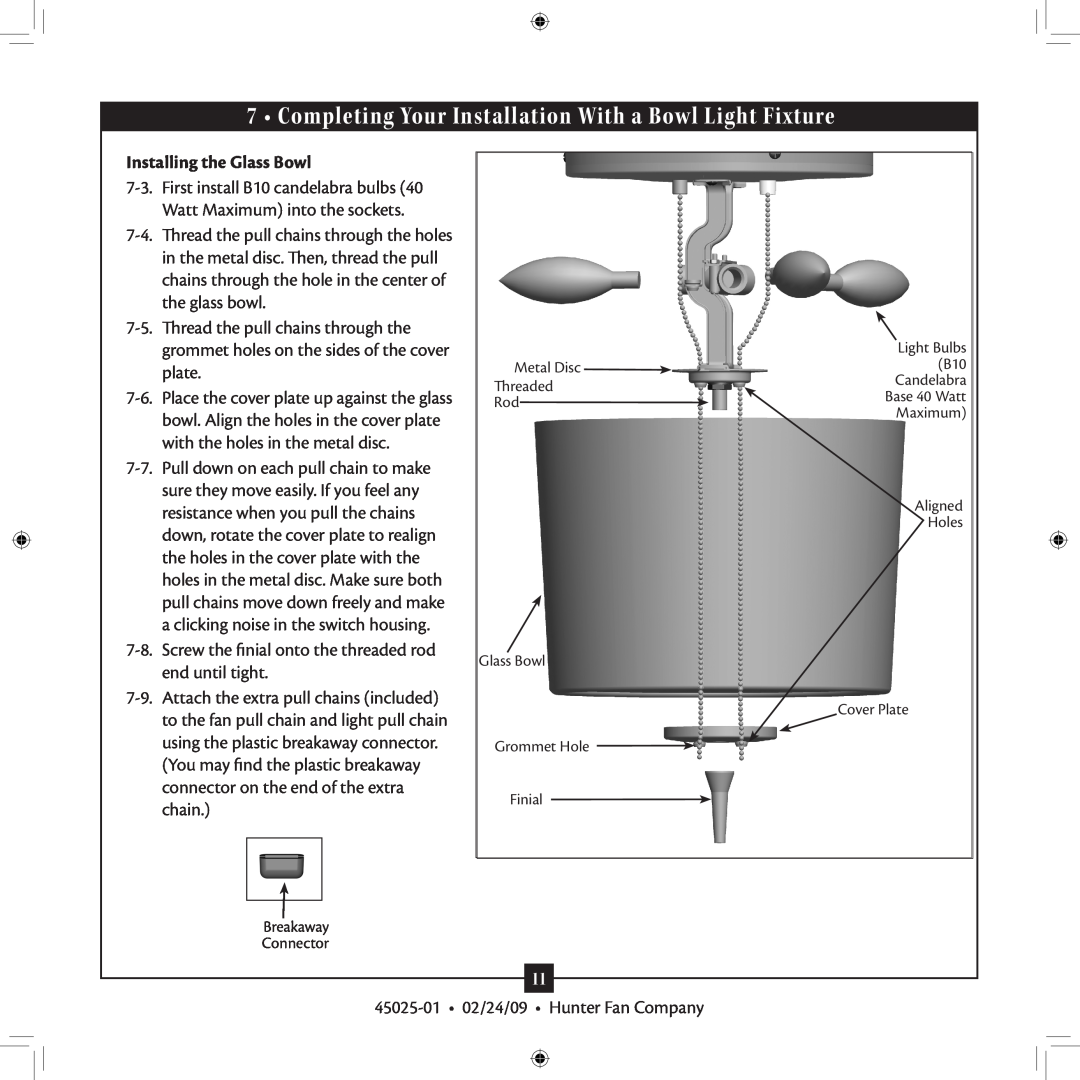 Hunter Fan 20490 installation manual Installing the Glass Bowl 