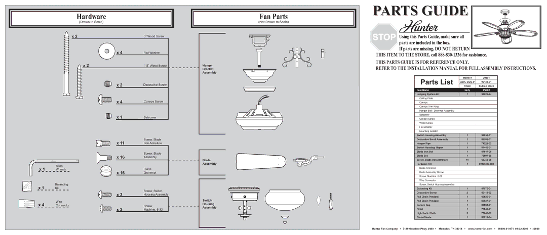 Hunter Fan 20501 installation manual Hardware, Fan Parts, Parts List, Not Drawn to Scale 