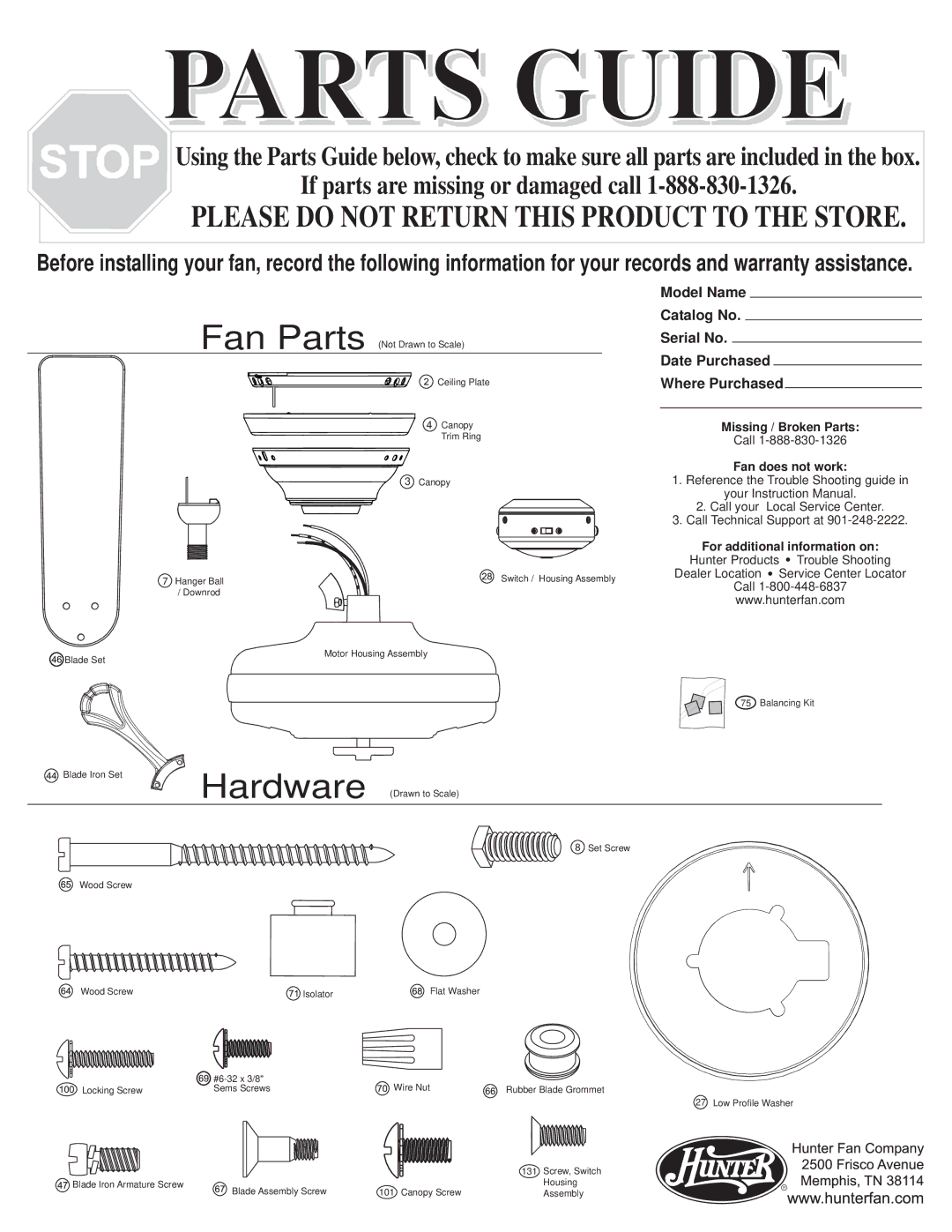 Hunter Fan 20510, 20512, 20511, 20516 warranty Parts Guide 