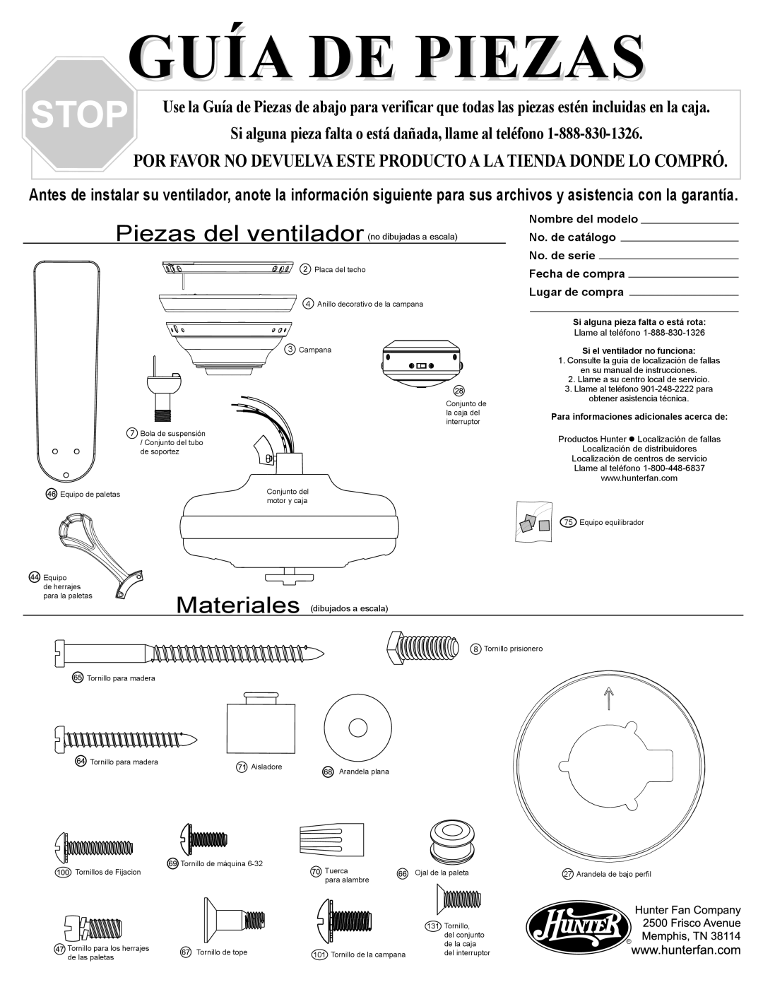 Hunter Fan 20516, 20512, 20510, 20511 warranty Guía DE Piezas 