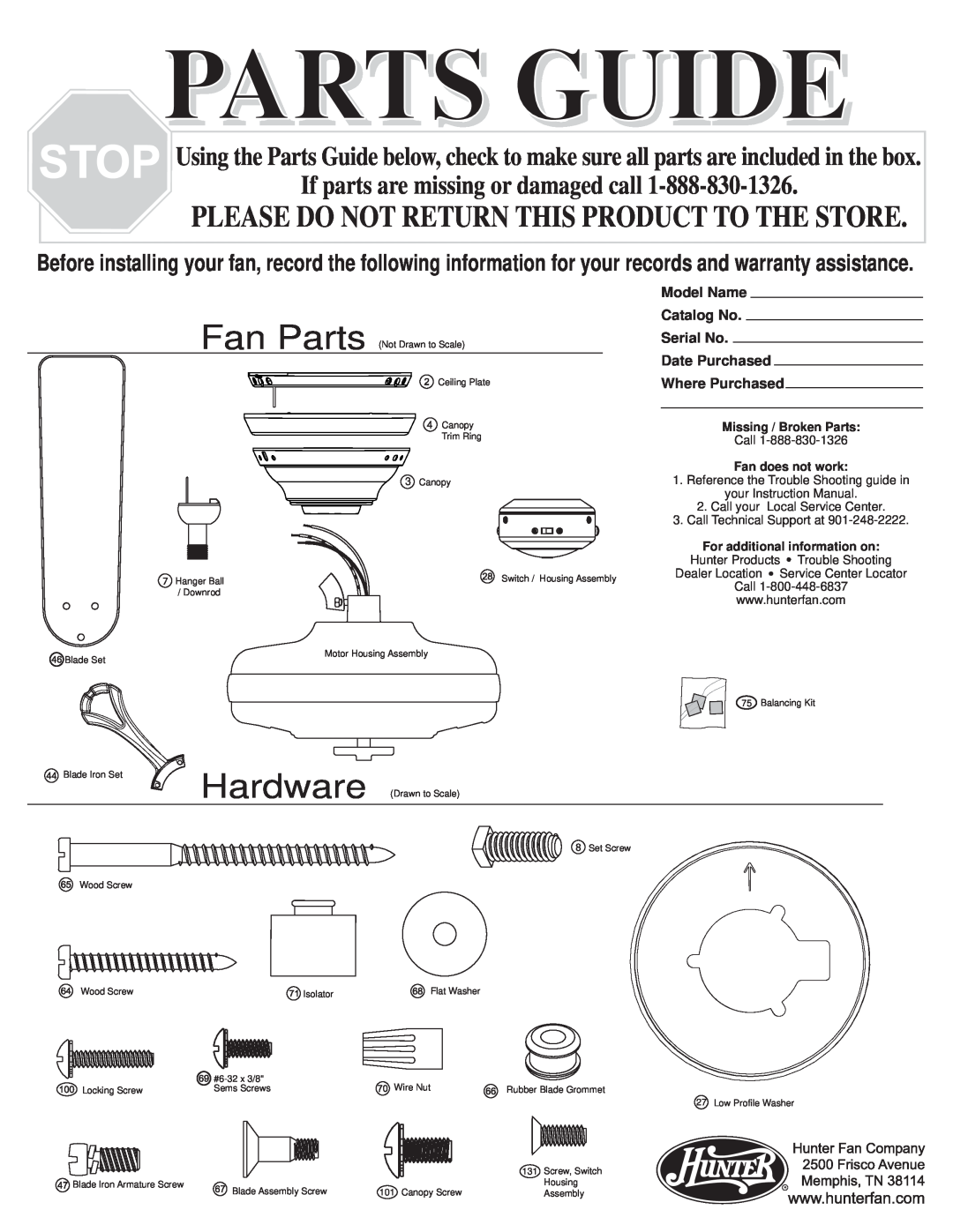 Hunter Fan 20510 warranty Parts Guide, Fan Parts, Hardware, If parts are missing or damaged call, Model Name, Catalog No 