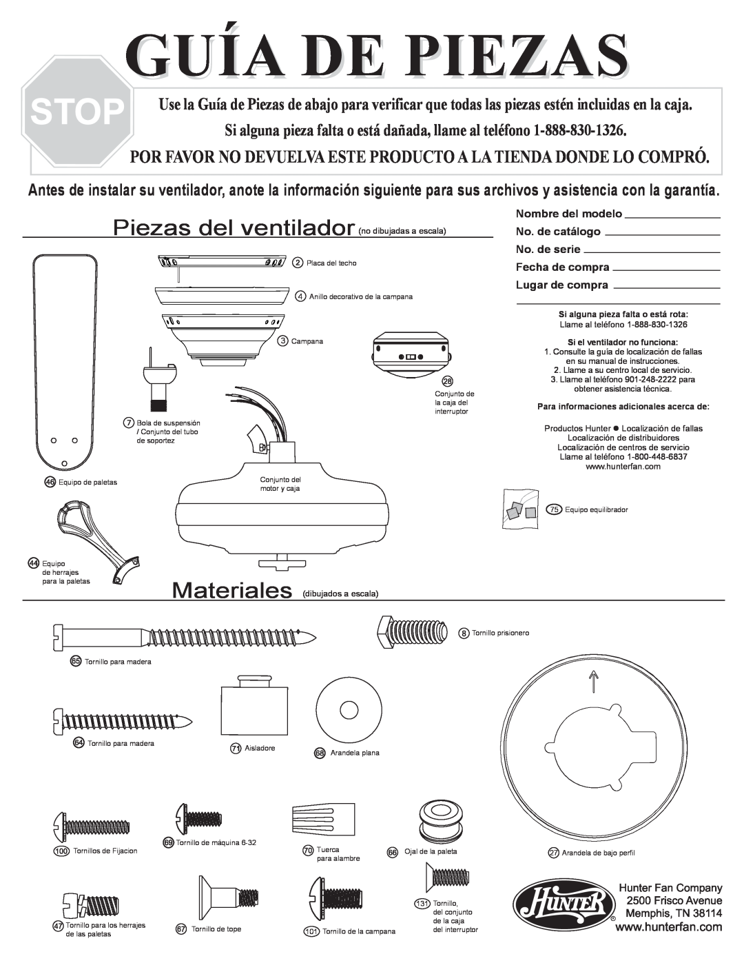Hunter Fan 20516, 20512, 20510 Guía De Piezas, Piezas del ventilador, Nombre del modelo, No. de catálogo, No. de serie 