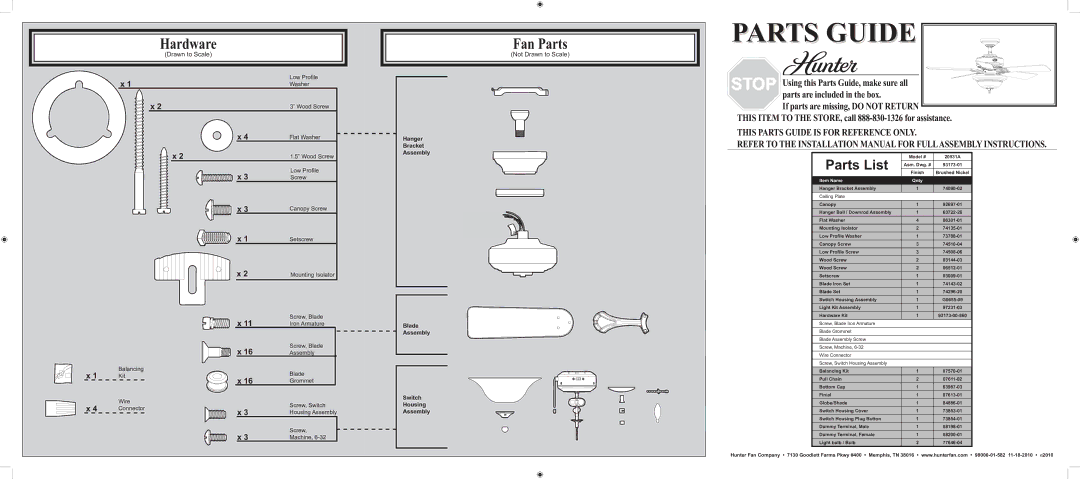 Hunter Fan 20531A installation manual Hardware, Fan Parts, Parts List, Not Drawn to Scale 