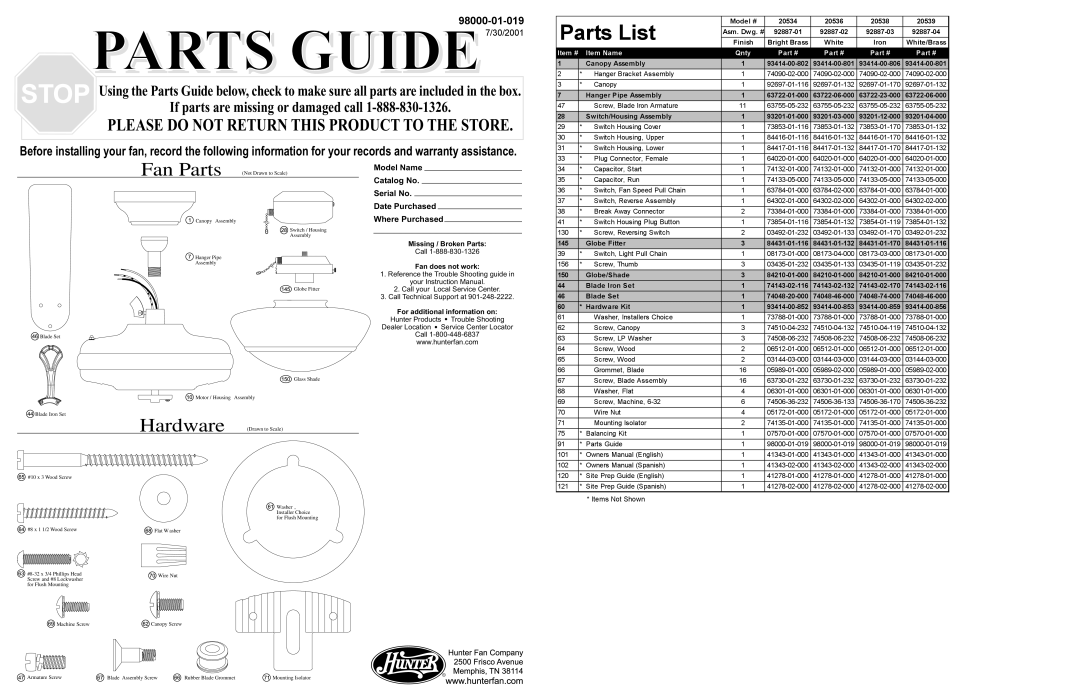 Hunter Fan 20539, 20538 warranty Parts List, Call your Local Service Center Call Technical Support at, Items Not Shown 