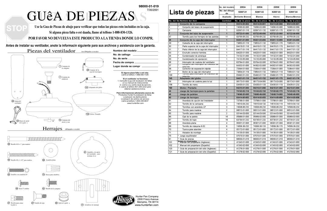 Hunter Fan 20536, 20538, 20539, 20534 warranty Lista de piezas, Ítems no mostrados, Nombre del ítem Cantidad No. de la pieza 