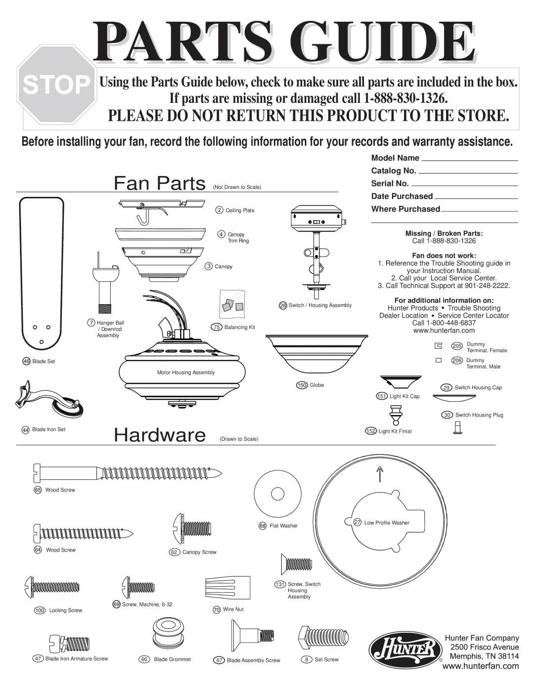 Hunter Fan 20551 warranty Parts Guide 