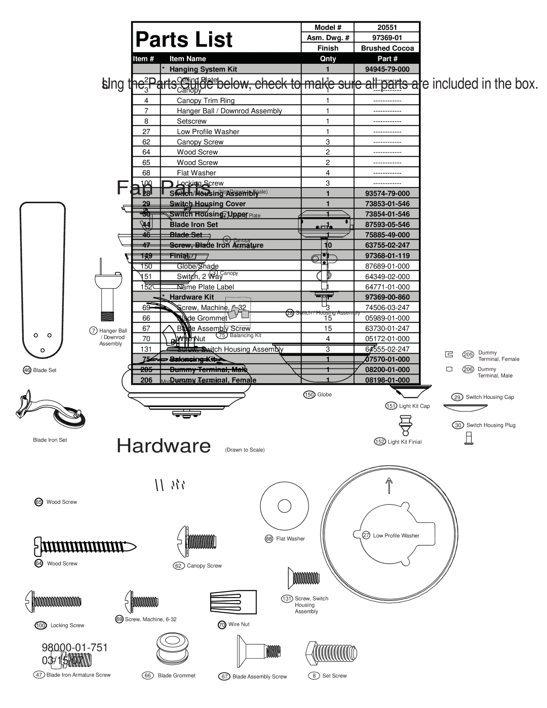 Hunter Fan 20551 warranty Parts List, Item # Item Name Qnty 