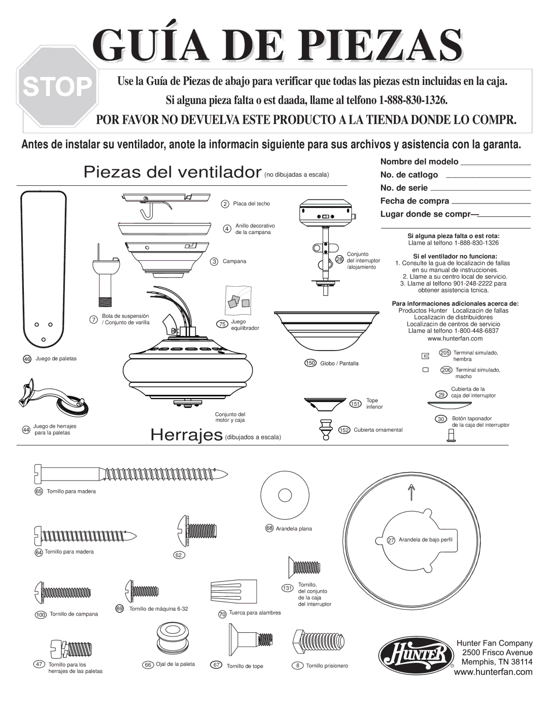 Hunter Fan 20551 warranty Guía DE Piezas 