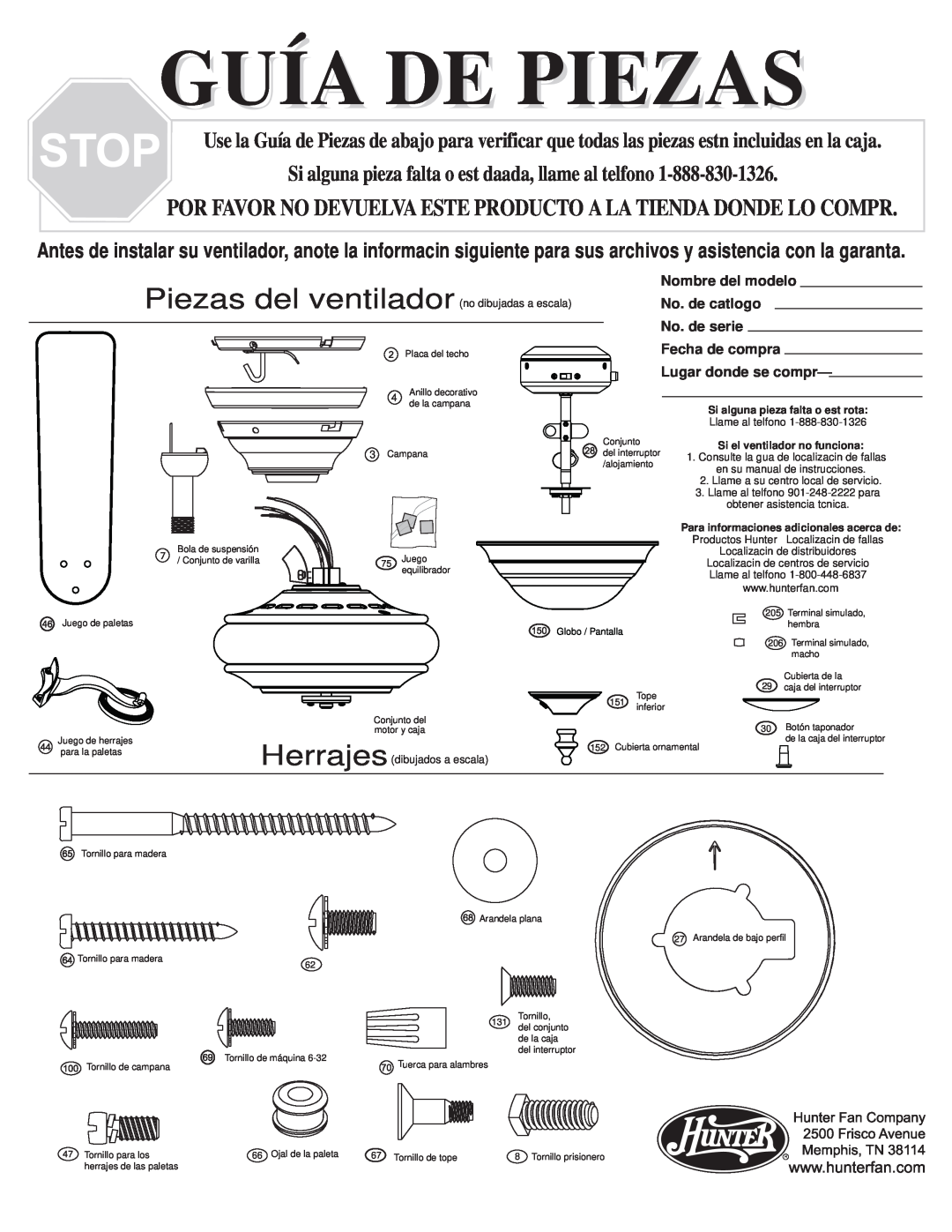 Hunter Fan 20551 warranty Guía De Piezas, Herrajes, Si alguna pieza falta o est rota, Si el ventilador no funciona 