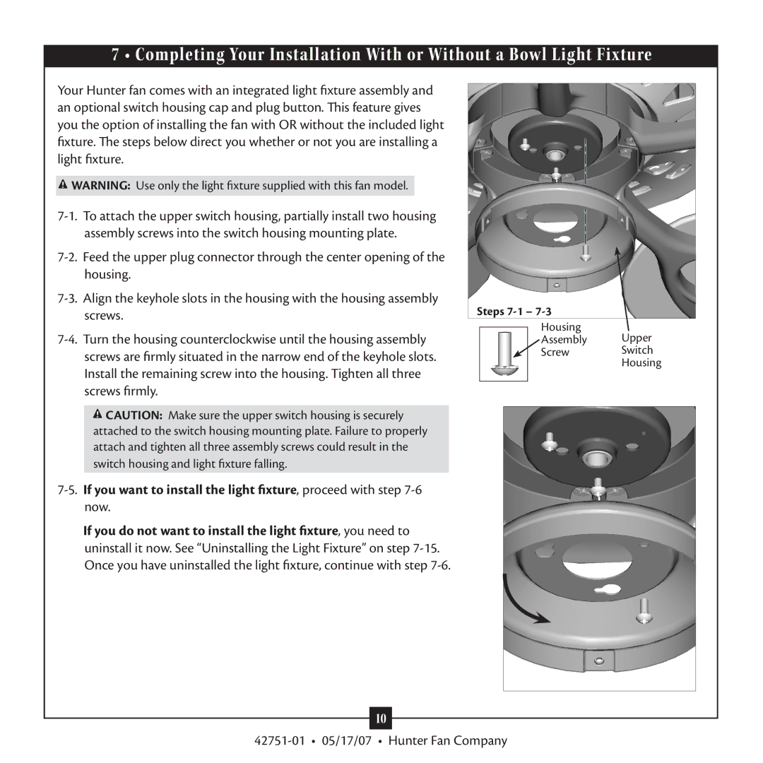 Hunter Fan 20552 warranty Housing Assembly Upper Screw Switch 