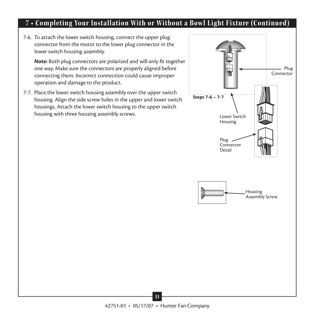 Hunter Fan 20552 warranty Steps 7-6 