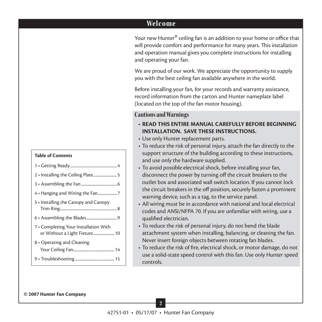 Hunter Fan 20552 warranty Welcome, Table of Contents 