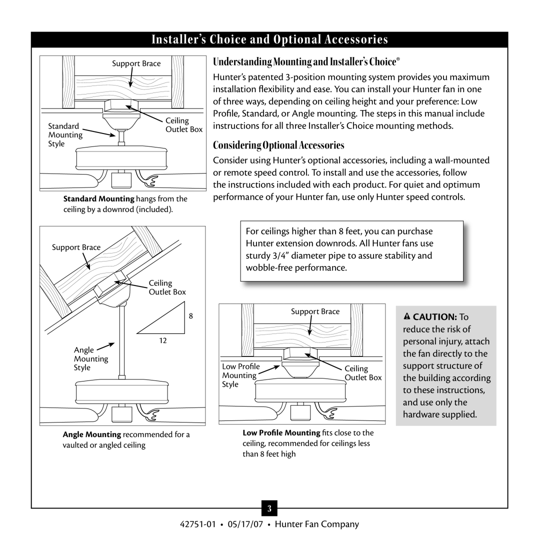 Hunter Fan 20552 warranty Installer’s Choice and Optional Accessories, Understanding Mounting and Installer’s Choice 