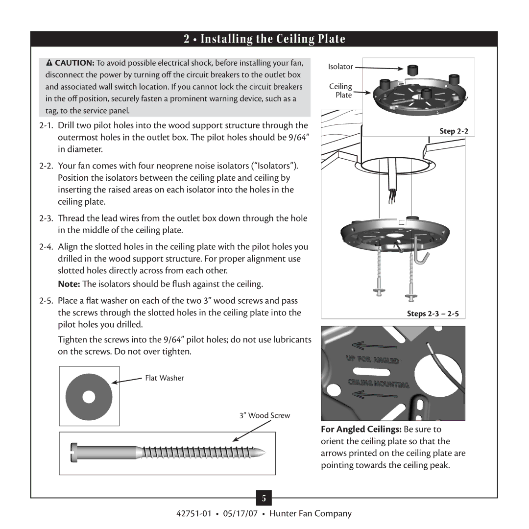 Hunter Fan 20552 warranty Installing the Ceiling Plate 