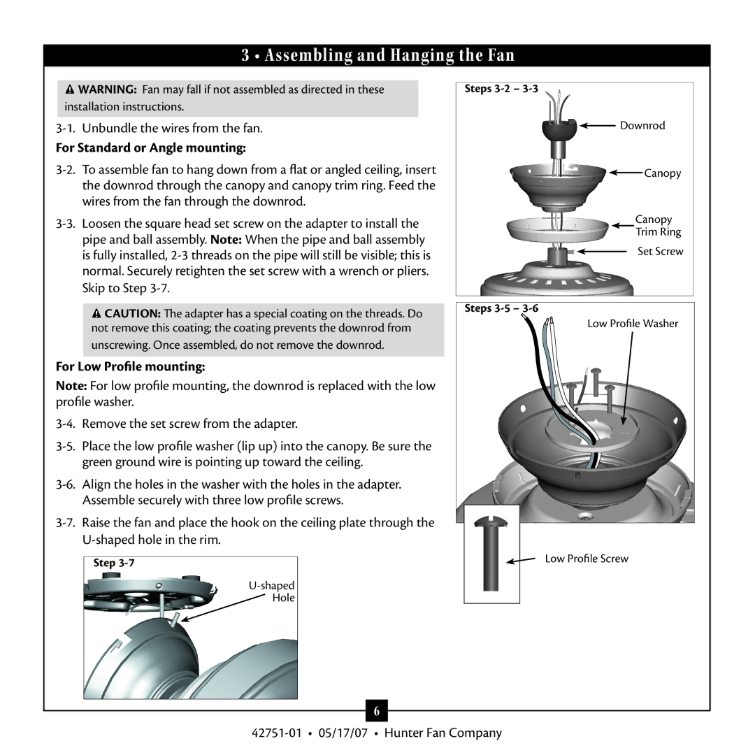 Hunter Fan 20552 warranty Assembling and Hanging the Fan, For Standard or Angle mounting, For Low Profile mounting 