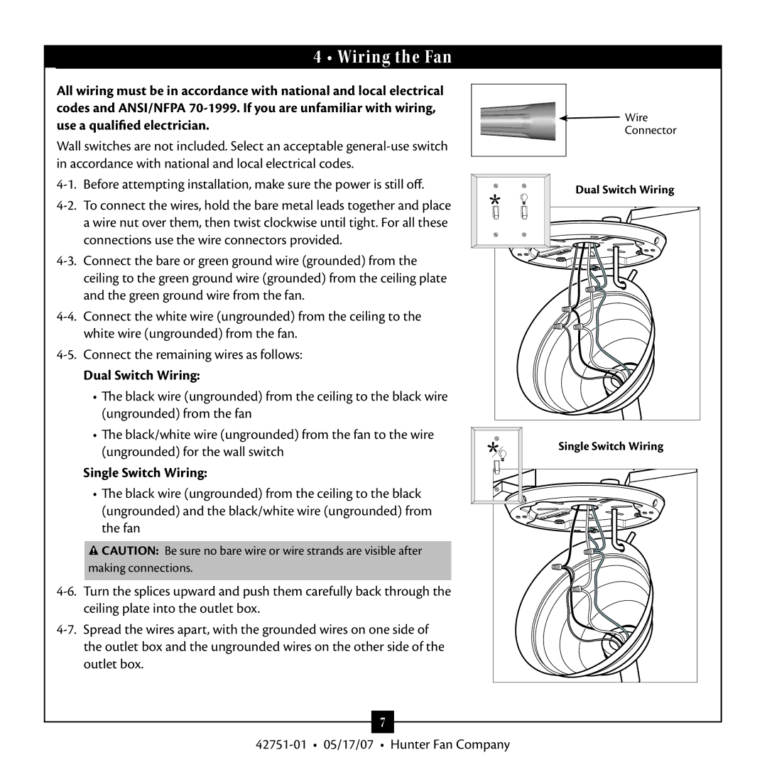 Hunter Fan 20552 warranty Wiring the Fan, Dual Switch Wiring, Single Switch Wiring 