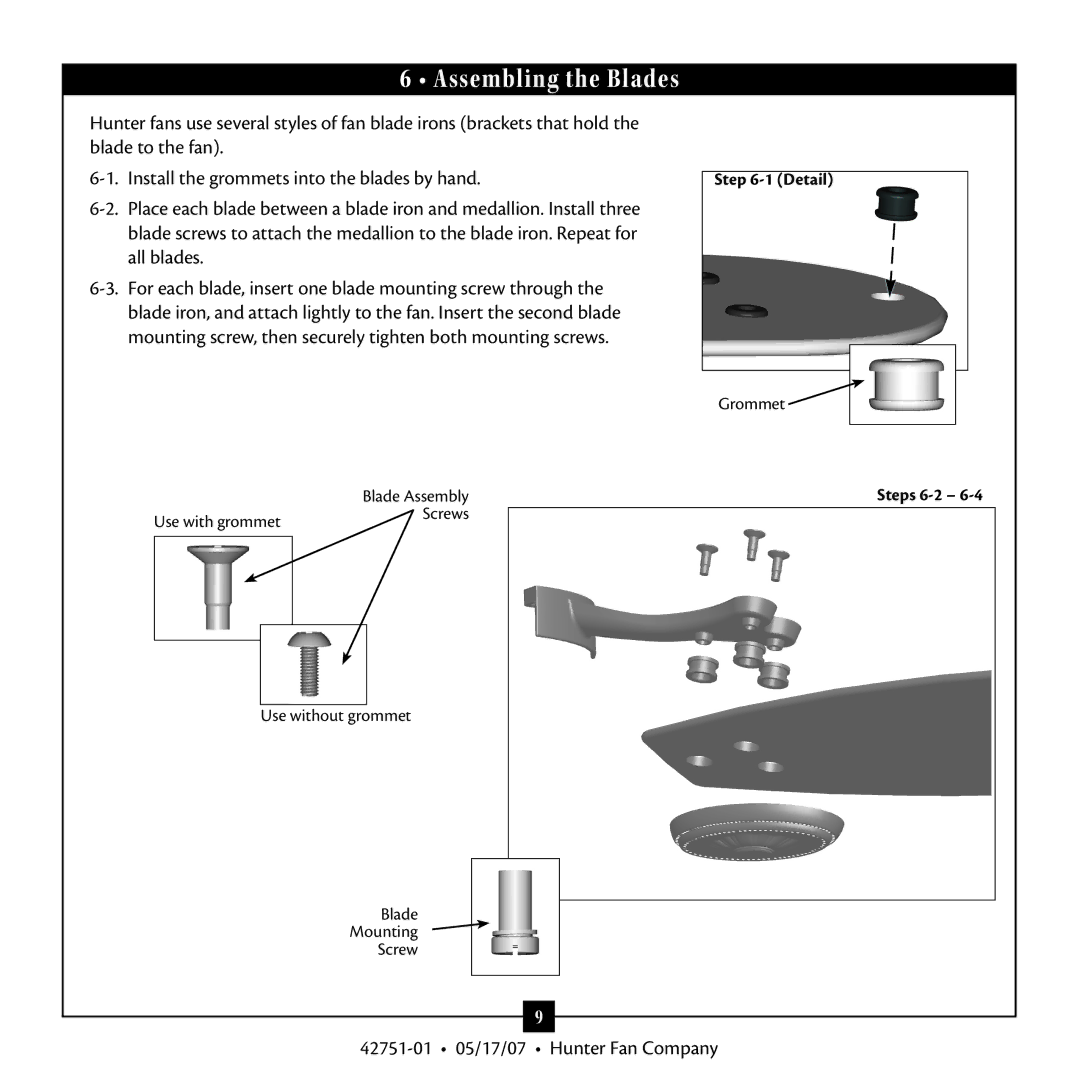 Hunter Fan 20552 warranty Assembling the Blades 