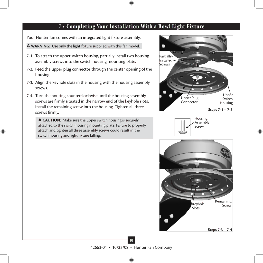 Hunter Fan 20727 installation manual Completing Your Installation With a Bowl Light Fixture 