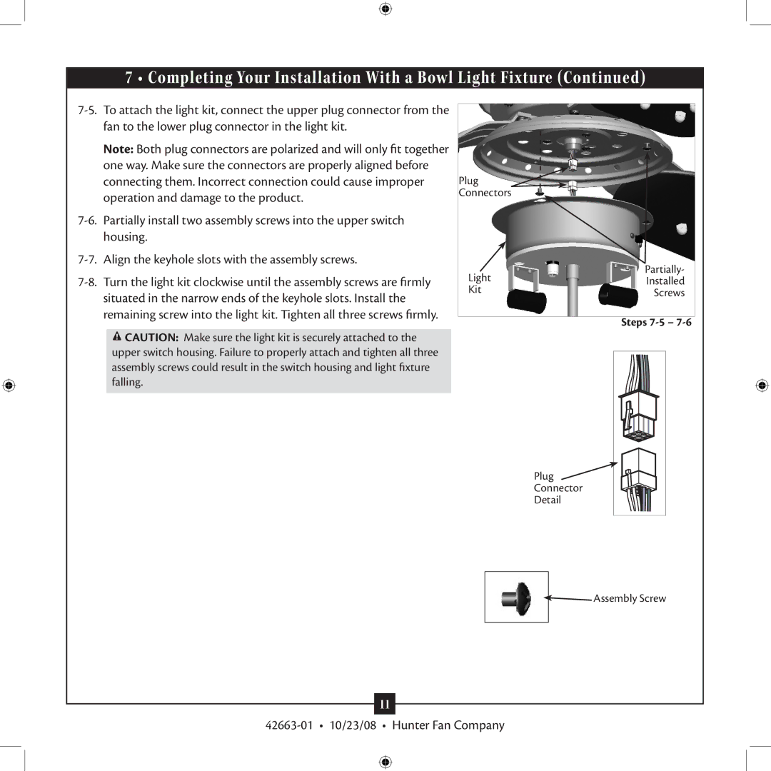 Hunter Fan 20727 installation manual Plug Connector Detail Assembly Screw 