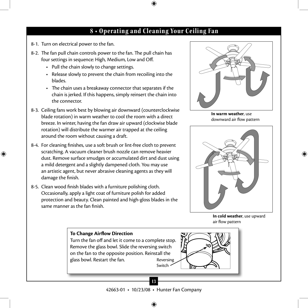 Hunter Fan 20727 installation manual Operating and Cleaning Your Ceiling Fan, To Change Airflow Direction 