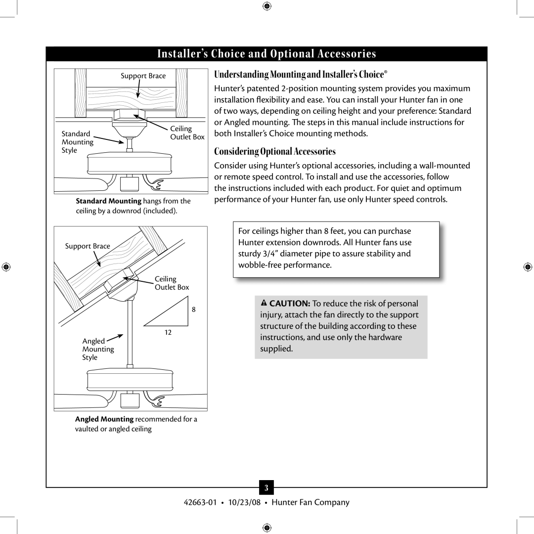 Hunter Fan 20727 installation manual Installer’s Choice and Optional Accessories 