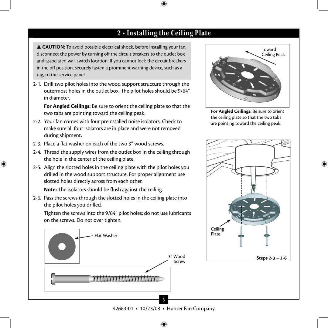 Hunter Fan 20727 installation manual Installing the Ceiling Plate, Flat Washer Wood Screw Toward Ceiling Peak 